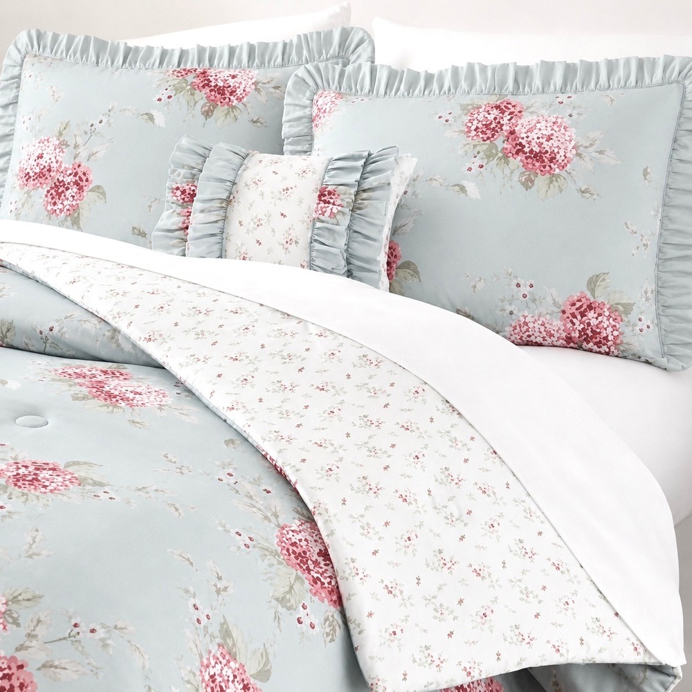 Rachel Ashwell Simply Shabby Chic Belle Hydrangea Blue KING Duvet & Ruffle Shams
